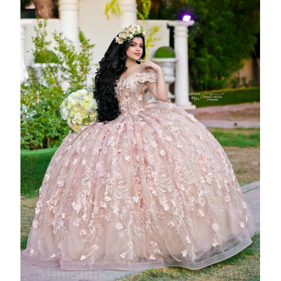 Off Shoulder Rose Gold Quince Dress Vestidos De 15 Anos Sweetheart Neck Instagram Gowns Birthday Party Dresses With 3D Flowers