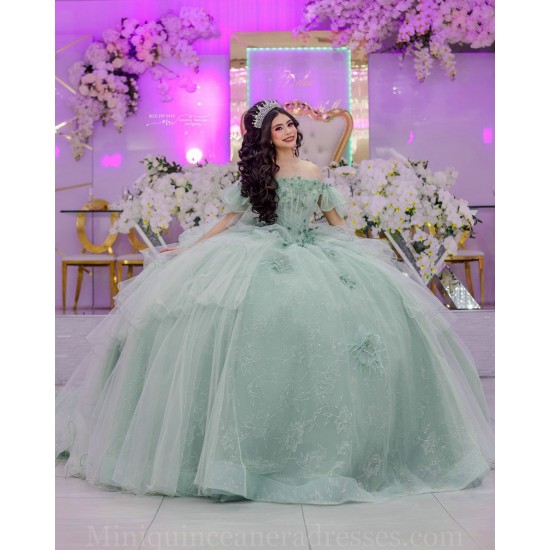 Off Shoulder Sage Green Quince Dress Square Collar Instagram Gowns Lace Appliques Vestidos De 15 Anos Birthday Party Dresses