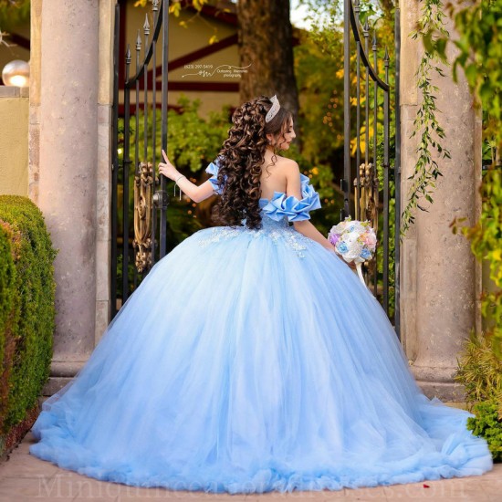 Off Shoulder Sky Blue Quince Dress Sweetheart Neck Instagram Gowns Lace Appliques Birthday Party Dresses Vestidos De 15 Anos