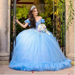 Off Shoulder Sky Blue Quince Dress Sweetheart Neck Instagram Gowns Lace Appliques Birthday Party Dresses Vestidos De 15 Anos