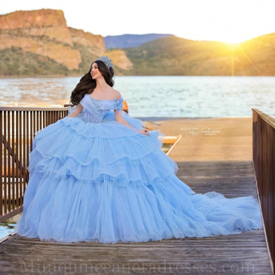 Off Shoulder Sky Blue Quince Dress Tiered Vestidos De 15 Anos Sweetheart Neck Instagram Gowns Lace Appliques Birthday Party Dresses