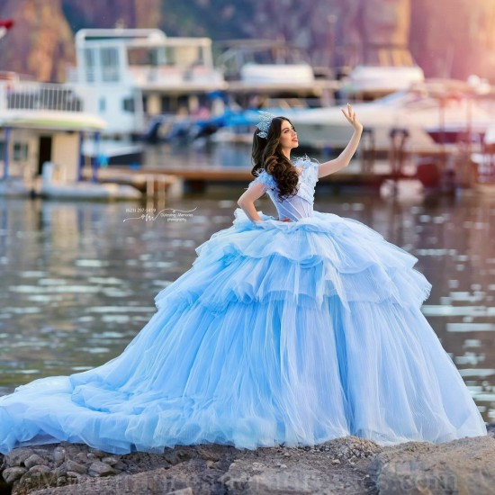 Off Shoulder Sky Blue Quince Dress Tiered Vestidos De 15 Anos Sweetheart Neck Instagram Gowns Lace Appliques Birthday Party Dresses