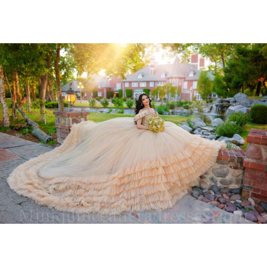 Ruffled Champagne Quince Dress Sweetheart Neck Instagram Gowns Off Shoulder Birthday Party Dresses Vestidos De 15 Anos