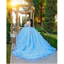 Sheer Bodice Sky Blue Quince Dress Sweetheart Neck Instagram Gowns Off Shoulder Birthday Party Dresses Lace Appliques Vestidos De 15 Anos