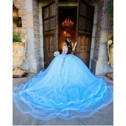 Sheer Bodice Sky Blue Quince Dress Sweetheart Neck Instagram Gowns Off Shoulder Birthday Party Dresses Lace Appliques Vestidos De 15 Anos