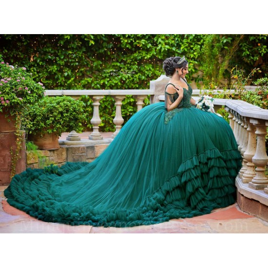 Sleeveless Emerald Green Quince Dress Sweetheart Neck Instagram Gowns Birthday Party Dresses Ruffled Vestidos De 15 Anos