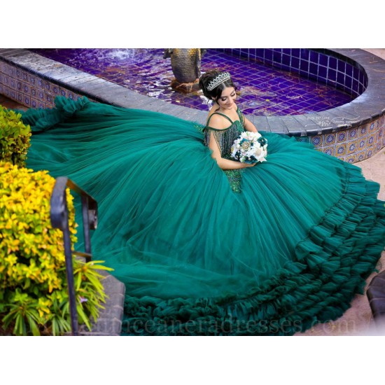 Sleeveless Emerald Green Quince Dress Sweetheart Neck Instagram Gowns Birthday Party Dresses Ruffled Vestidos De 15 Anos