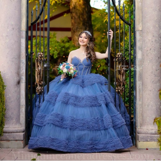 Sleeveless Navy Blue Quince Dress Sweetheart Neck Instagram Gowns Tiered Vestidos De 15 Anos Birthday Party Dresses