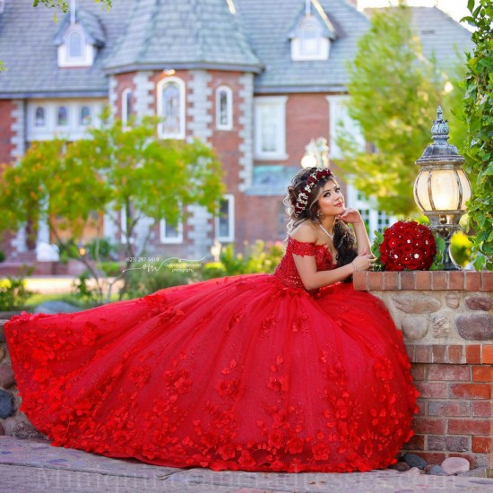 Sweetheart Neck Red Quince Dress Vestidos De 15 Anos Off Shoulder Instagram Gowns Birthday Party Dresses With 3D Flowers