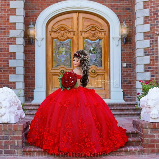 Sweetheart Neck Red Quince Dress Vestidos De 15 Anos Off Shoulder Instagram Gowns Birthday Party Dresses With 3D Flowers