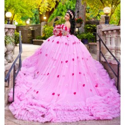 Tiered Pink Quince Dress Birthday Party Dresses Sweetheart Neck Vestidos De 15 Anos Off Shoulder Instagram Gowns With 3D Flowers