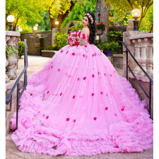 Tiered Pink Quince Dress Birthday Party Dresses Sweetheart Neck Vestidos De 15 Anos Off Shoulder Instagram Gowns With 3D Flowers