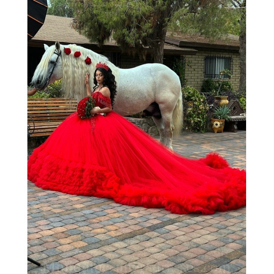 Tiered Red Quince Dress Birthday Party Dresses Sweetheart Neck Vestidos De 15 Anos Off Shoulder Instagram Gowns