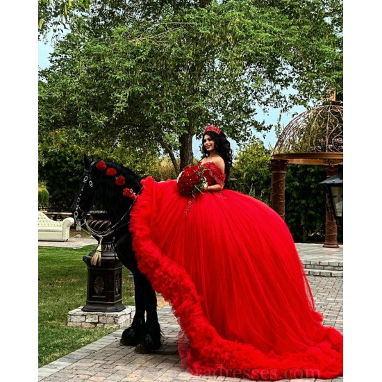 Tiered Red Quince Dress Birthday Party Dresses Sweetheart Neck Vestidos De 15 Anos Off Shoulder Instagram Gowns