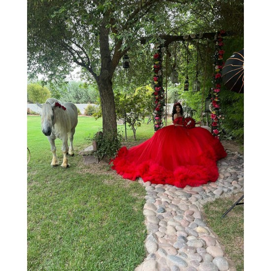 Tiered Red Quince Dress Birthday Party Dresses Sweetheart Neck Vestidos De 15 Anos Off Shoulder Instagram Gowns