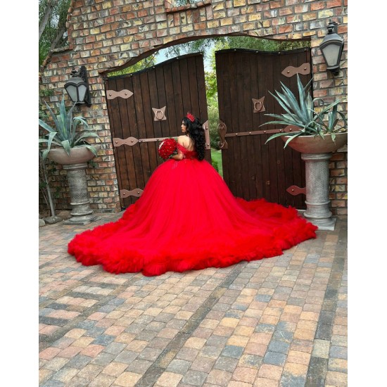 Tiered Red Quince Dress Birthday Party Dresses Sweetheart Neck Vestidos De 15 Anos Off Shoulder Instagram Gowns