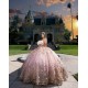 3D Flowers Rose Gold Quince Dress Off Shoulder Birthday Party Gowns Sequin Sweetheart Neck Vestidos De 15 Anos