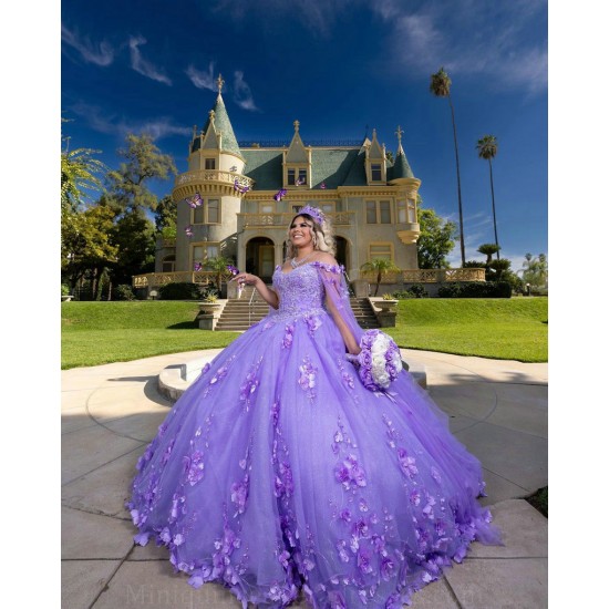 Cape Sleeve Lilac Quinceanera Dress 3D Flowers Wear Pageant 2024 Ball Gown Princess Dresses Sweetheart Neck Sweet 15 Gowns