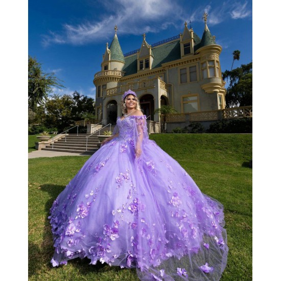 Cape Sleeve Lilac Quinceanera Dress 3D Flowers Wear Pageant 2024 Ball Gown Princess Dresses Sweetheart Neck Sweet 15 Gowns