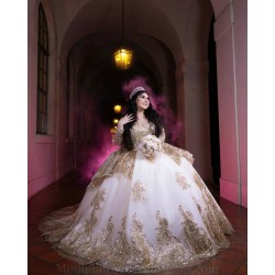 Long Sleeve Champagne Quince Dress Lace Appliques Sweet 15 Prom Party Gowns V Neck Vestidos De 15 Anos