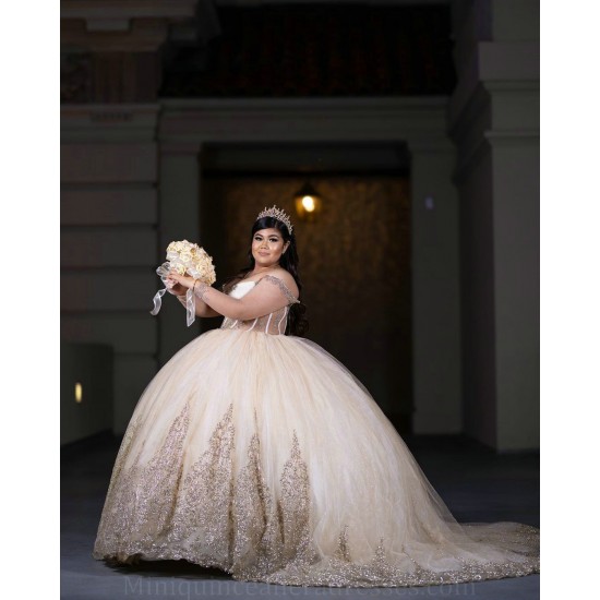 Long Sleeve Champagne Quinceanera Dress Sweetheart Neck Sweet 15 Gowns Wear Pageant Lace Appliques 2024 Ball Gown Princess Dresses