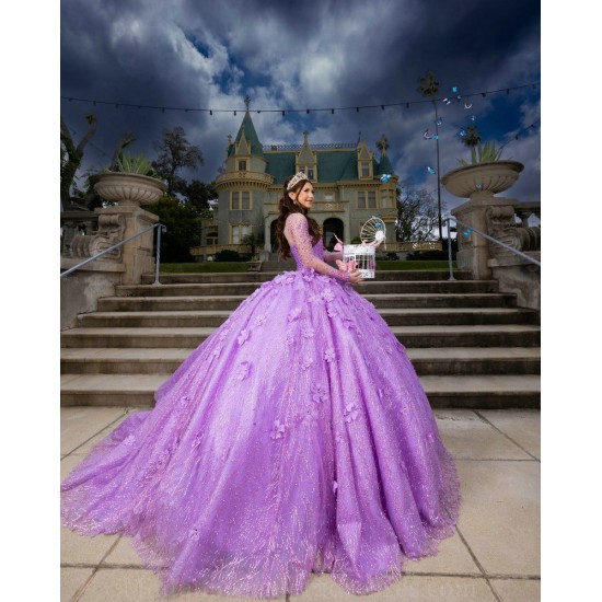 Long Sleeve Lilac Quinceanera Dress Sweetheart Neck Sweet 15 Gowns 3D Flowers Wear Pageant Sequin 2024 Ball Gown Princess Dresses