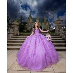 Long Sleeve Lilac Quinceanera Dress Sweetheart Neck Sweet 15 Gowns 3D Flowers Wear Pageant Sequin 2024 Ball Gown Princess Dresses