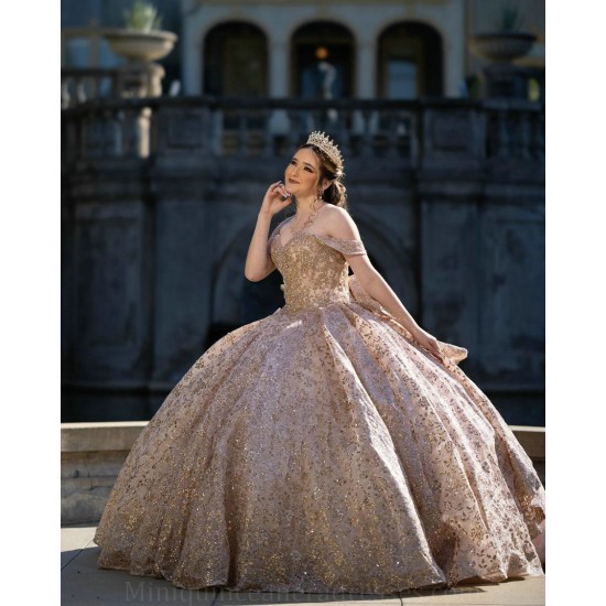 Off Shoulder Champagne Quince Dress Sequin Vestidos De 15 Anos Sweetheart Neck Girl Birthday Party Gown With Bow