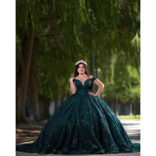 Off Shoulder Emerald Green Quinceanera Dress Sweetheart Neck Sweet 15 Gowns Wear Pageant Sequin 2024 Ball Gown Princess Dresses