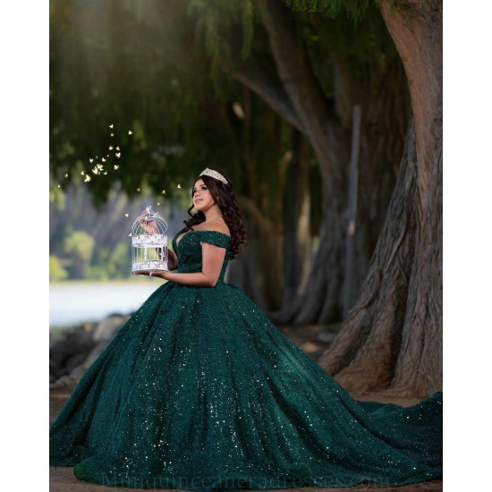 Off Shoulder Emerald Green Quinceanera Dress Sweetheart Neck Sweet 15 Gowns Wear Pageant Sequin 2024 Ball Gown Princess Dresses