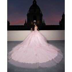 Off Shoulder Pink Quince Dress Lace Appliques Birthday Party Gowns Sweetheart Neck Vestidos De 15 Anos With 3D Flowers