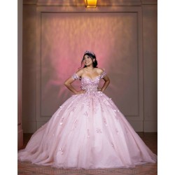 Off Shoulder Pink Quince Dress Lace Appliques Birthday Party Gowns Sweetheart Neck Vestidos De 15 Anos With 3D Flowers