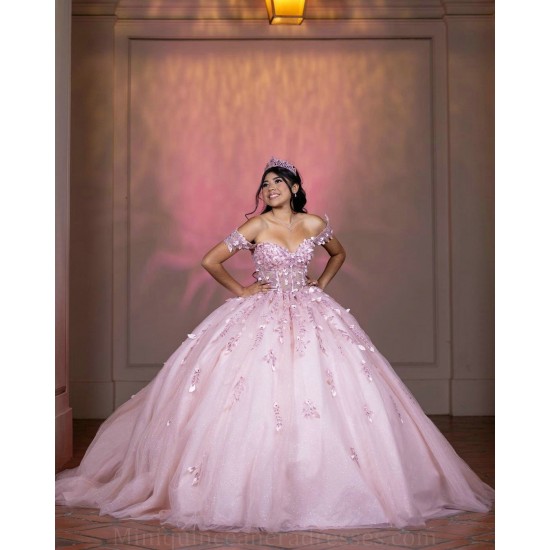 Off Shoulder Pink Quince Dress Lace Appliques Birthday Party Gowns Sweetheart Neck Vestidos De 15 Anos With 3D Flowers