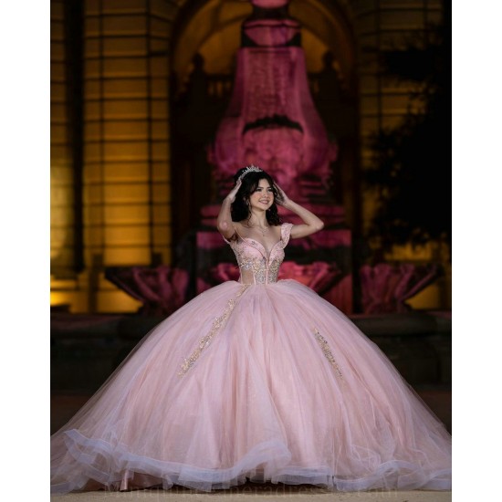 Off Shoulder Pink Quince Dress Lace Appliques Crystal Birthday Party Gowns V Neck Vestidos De 15 Anos