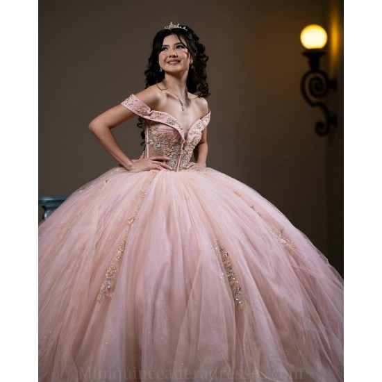 Off Shoulder Pink Quince Dress Lace Appliques Crystal Birthday Party Gowns V Neck Vestidos De 15 Anos