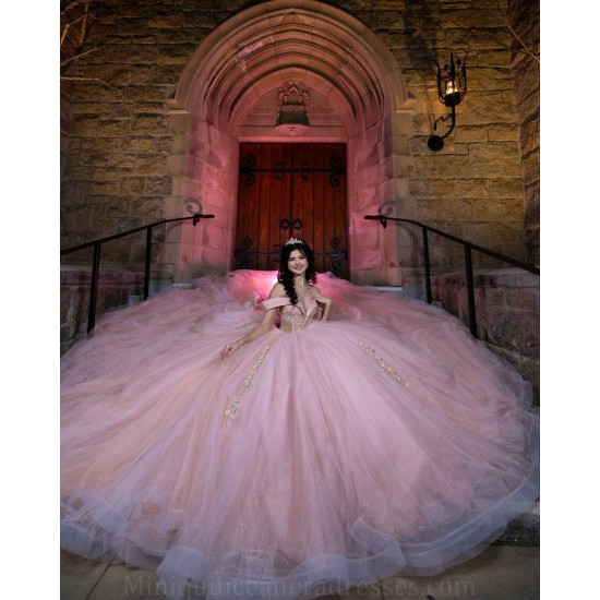 Off Shoulder Pink Quince Dress Lace Appliques Crystal Birthday Party Gowns V Neck Vestidos De 15 Anos