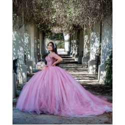 Off Shoulder Pink Quinceanera Dress Sweet 15 Gowns Lace Appliques Wear Pageant Sweetheart Neck 2024 Ball Gown Princess Dresses