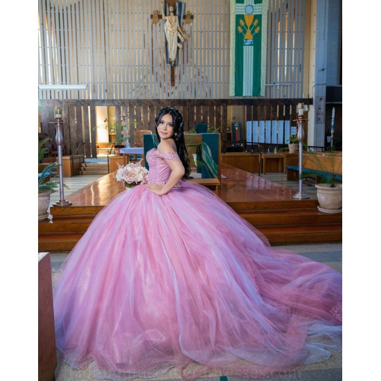 Off Shoulder Pink Quinceanera Dress Sweet 15 Gowns Lace Appliques Wear Pageant Sweetheart Neck 2024 Ball Gown Princess Dresses