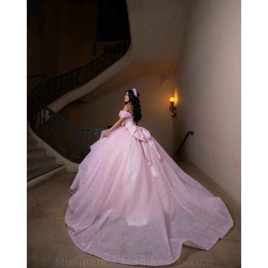 Off Shoulder Pink Quinceanera Dress Sweetheart Neck Sweet 15 Gowns Wear Pageant Sequin 2024 Ball Gown Princess Dresses With Bow