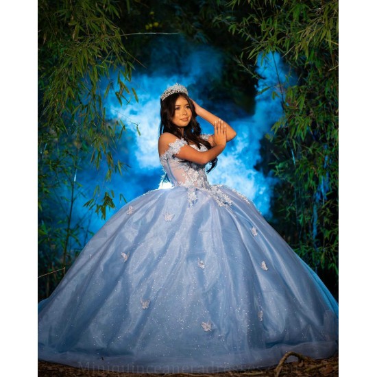 Off Shoulder Quince Dress Sky Blue Vestidos De 15 Anos Sweetheart Neck Wear Pageant Girl Birthday Party Gown With 3D Butterfly