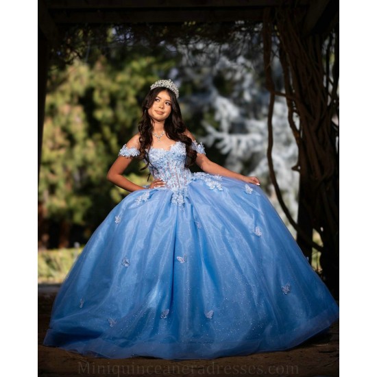 Off Shoulder Quince Dress Sky Blue Vestidos De 15 Anos Sweetheart Neck Wear Pageant Girl Birthday Party Gown With 3D Butterfly