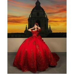 Off Shoulder Red Quince Dress Sequin Birthday Party Gowns Pearl Sweetheart Neck Vestidos De 15 Anos