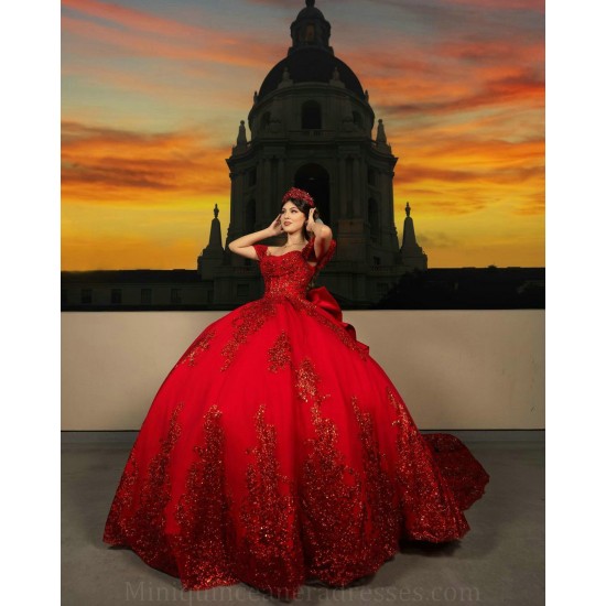 Off Shoulder Red Quince Dress Sequin Birthday Party Gowns Pearl Sweetheart Neck Vestidos De 15 Anos