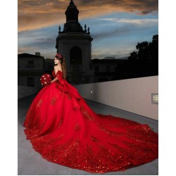 Off Shoulder Red Quince Dress Sequin Birthday Party Gowns Pearl Sweetheart Neck Vestidos De 15 Anos