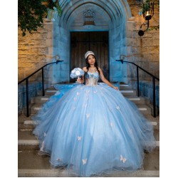 Off Shoulder Sky Blue Quinceanera Dress Sweetheart Neck Sweet 15 Gowns Wear Pageant Lace Appliques 2024 Ball Gown Princess Dresses With Bow