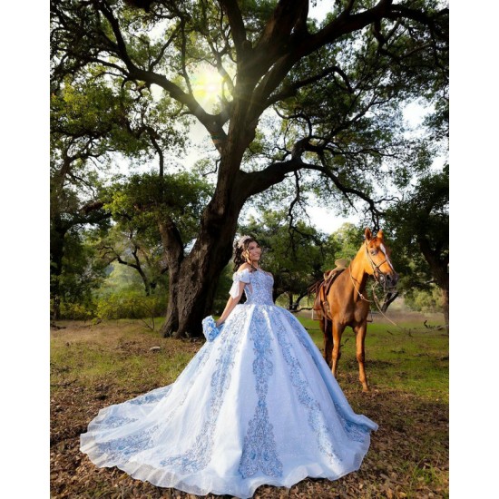 Off Shoulder Sky Blue Quinceanera Dress Wear Pageant Lace Appliques 2024 Ball Gown Princess Dresses Sweetheart Neck Sweet 15 Gowns