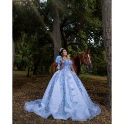 Off Shoulder Sky Blue Quinceanera Dress Wear Pageant Lace Appliques 2024 Ball Gown Princess Dresses Sweetheart Neck Sweet 15 Gowns