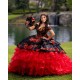 Off Shoulder Sweet 15 Gowns Red On Black Ruffled Quinceanera Dress Lace Appliques Wear Pageant Sweetheart Neck 2024 Ball Gown Princess Dresses