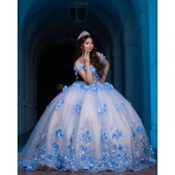 Off Shoulder Sweet 15 Gowns Sky Blue Quinceanera Dress 3D Flowers Wear Pageant Sweetheart Neck 2024 Ball Gown Princess Dresses