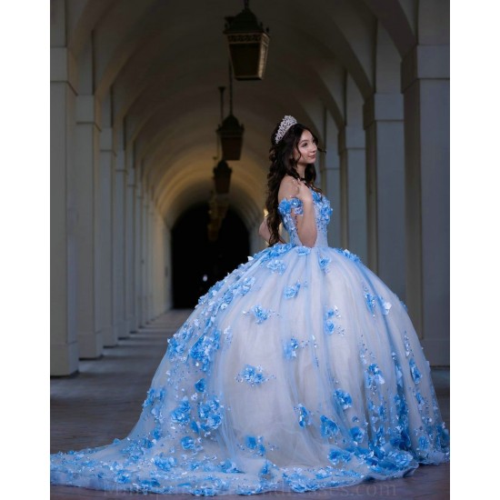 Off Shoulder Sweet 15 Gowns Sky Blue Quinceanera Dress 3D Flowers Wear Pageant Sweetheart Neck 2024 Ball Gown Princess Dresses